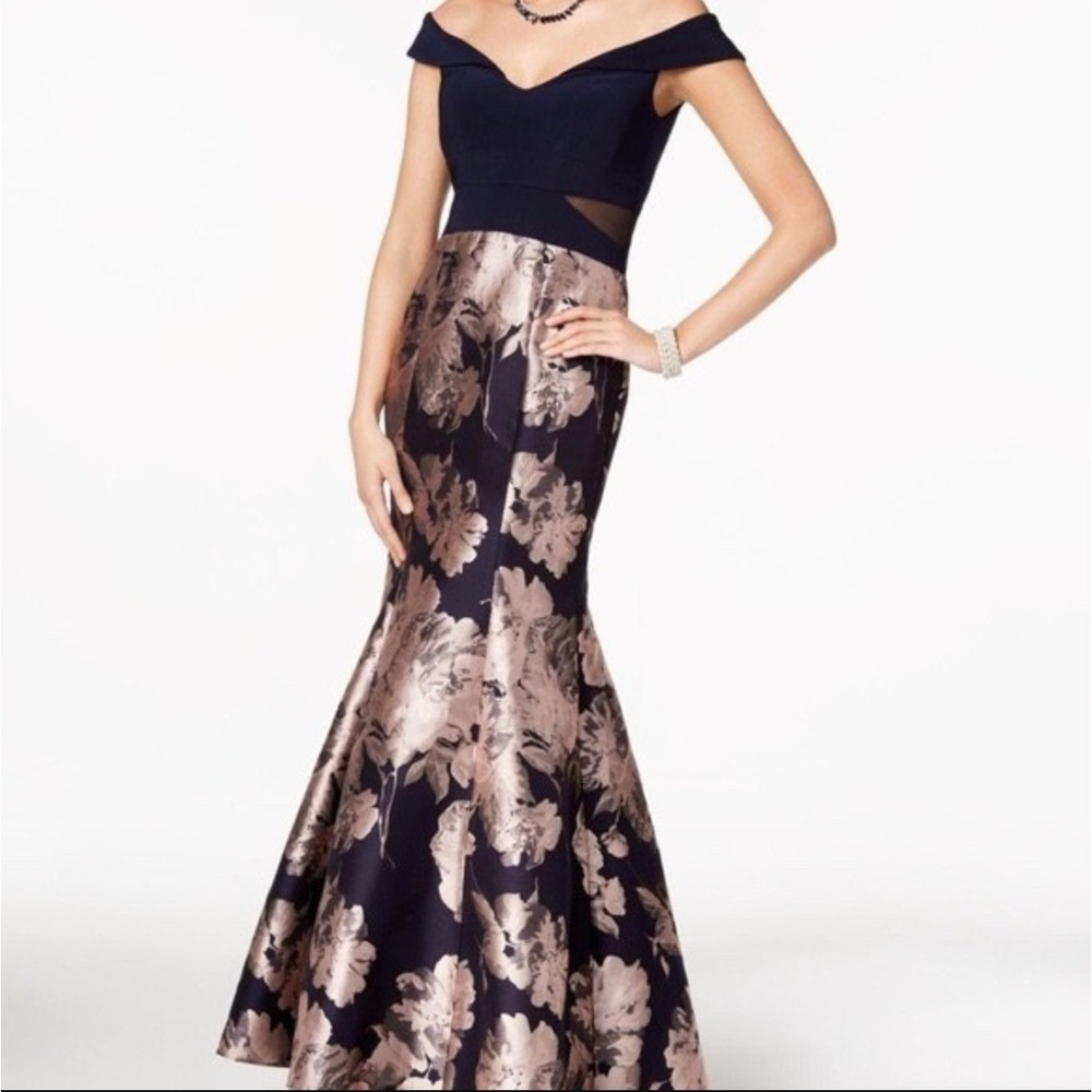 Xscape Floral Jacquard Off Shoulder Mermaid Gown Navy Blue Gold 12P